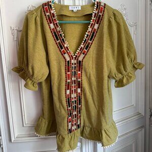 THML mustard yellow shirt w/ embroidery & puff sleeves, women's size medium